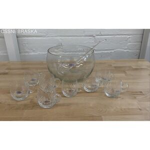 Toscany Clear Glass Vintage 10 Piece Hand Blown Romania Punch Bowl Set